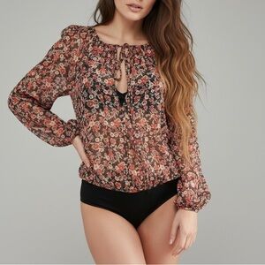 $78 Free People Intimately Anna Sheer Floral Long Sleeve Bodysuit Sz S